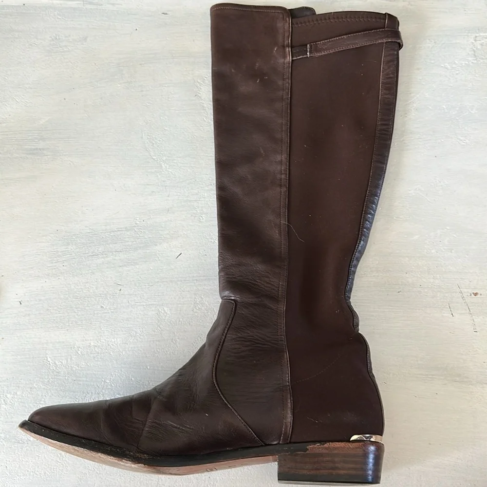 Coach Lilac Tall Boots Brown Leather Fabric Stretch Panel Size 10 Buckle Classy - Picture 7 of 16